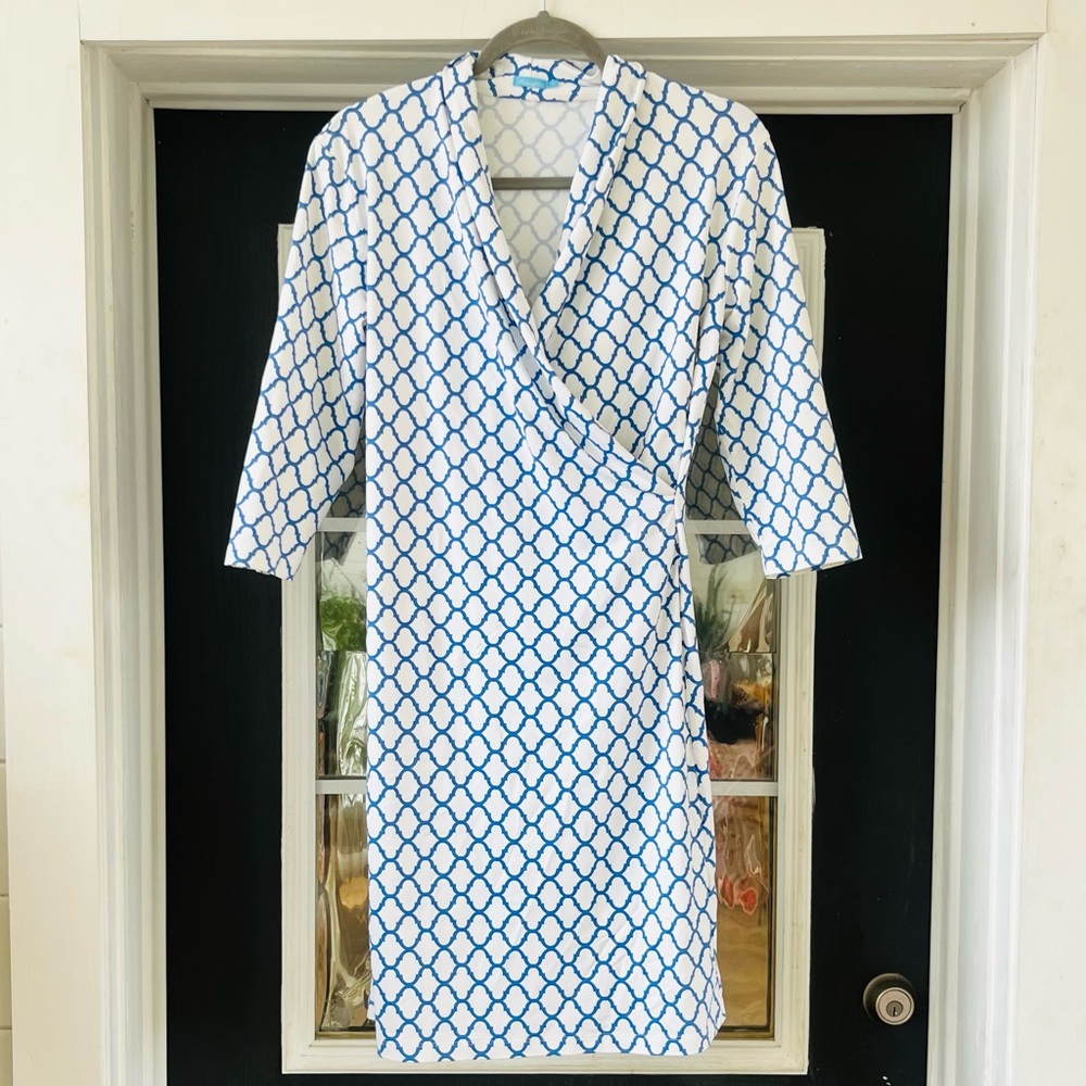 Blue & White Wrap-Style Sheath Dress